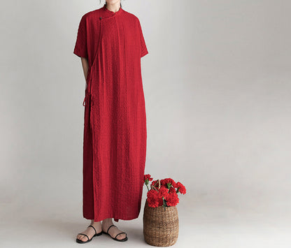 edoa Scarlet Crinkled Stripe Linen Blend Qipao Dress