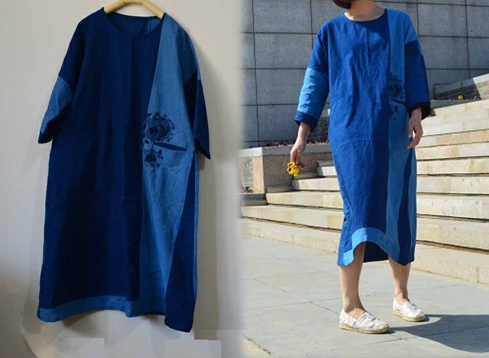 edoa Plant Dyed Patchwork Indigo Blue Cotton Dress