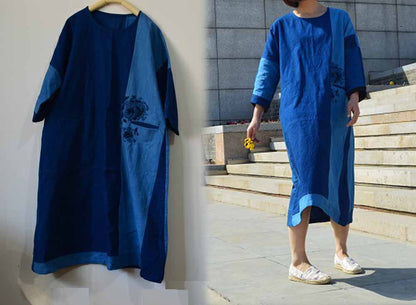 edoa Plant Dyed Patchwork Indigo Blue Cotton Dress