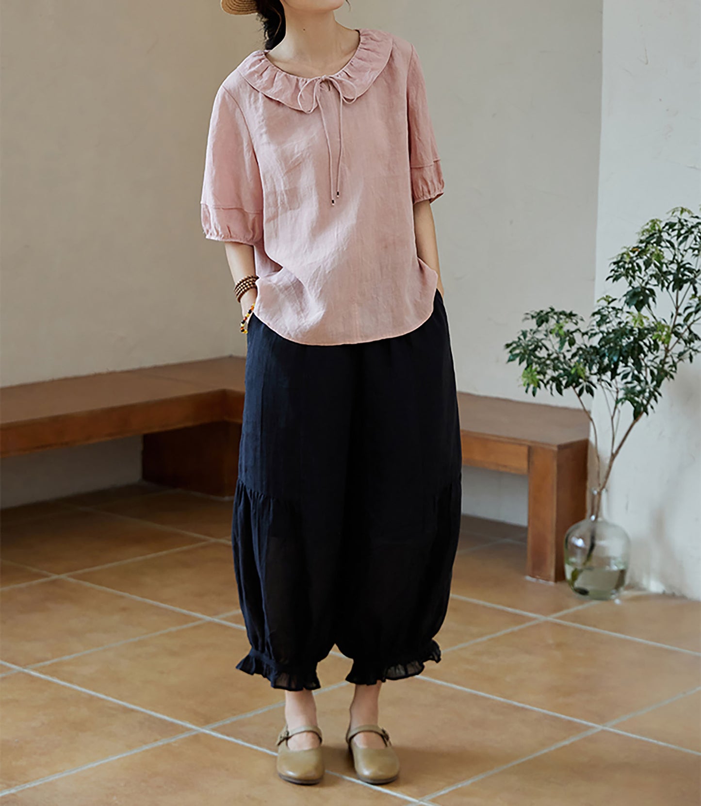 edoa Pink Linen Ruffle Blouse