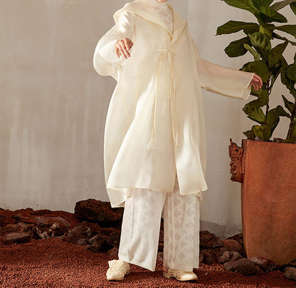 edoa Oversized Chinese Style Mulberry Silk Satin Organza Hooded Coat