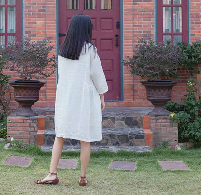 edoa White High Counted Ramie Button Down Dress