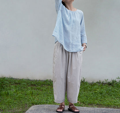edoa Baby Blue Washed High Count Linen Blouse