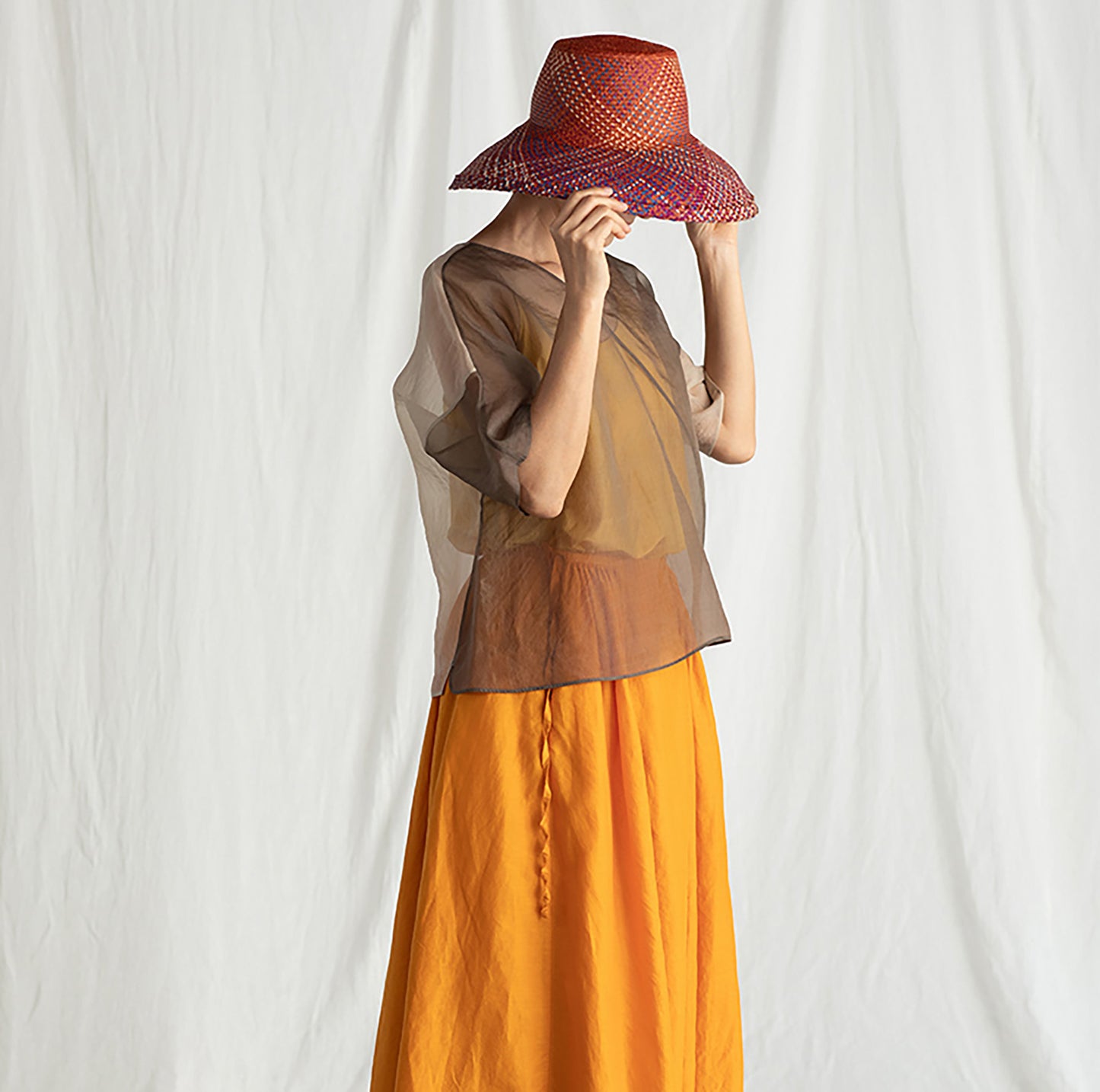 edoa Brown and Beige See-Through Silk T-Shirt 