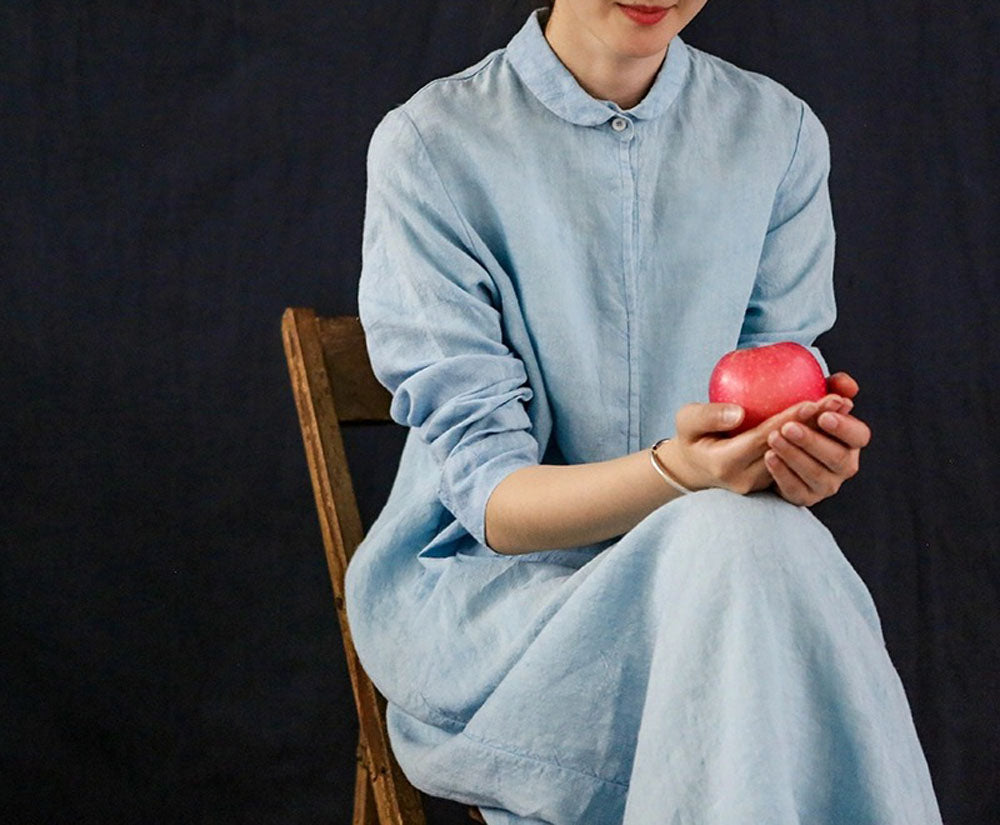 edoa Yarn Dyed Linen A Line Shirtdress