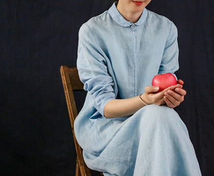 edoa Yarn Dyed Linen A Line Shirtdress