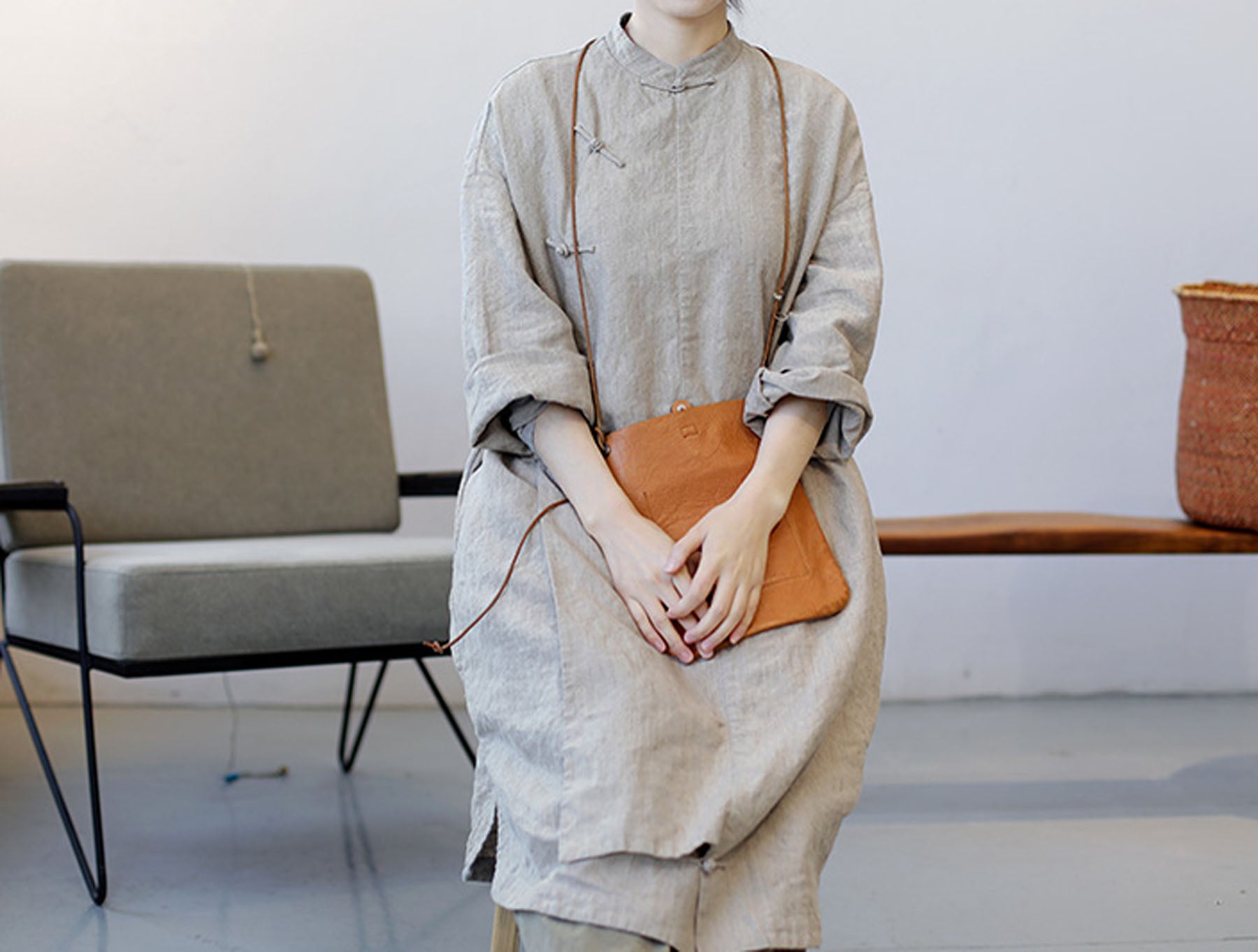 edoa Yarn Dyed French Linen Cheongsam Dress 