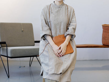 edoa Yarn Dyed French Linen Cheongsam Dress 