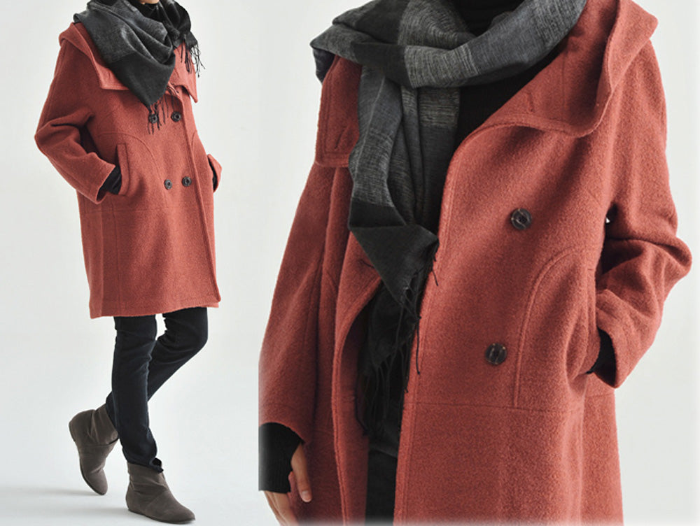 edoa Hooded Double Breasted Wool Boiucle Cocoon Coat