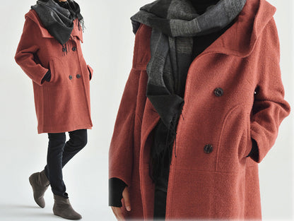 edoa Hooded Double Breasted Wool Boiucle Cocoon Coat