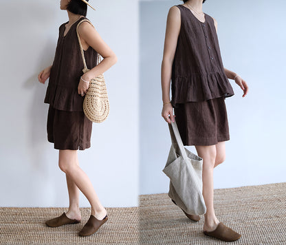 edoa Brown Yarn Dyed Linen Tank Top