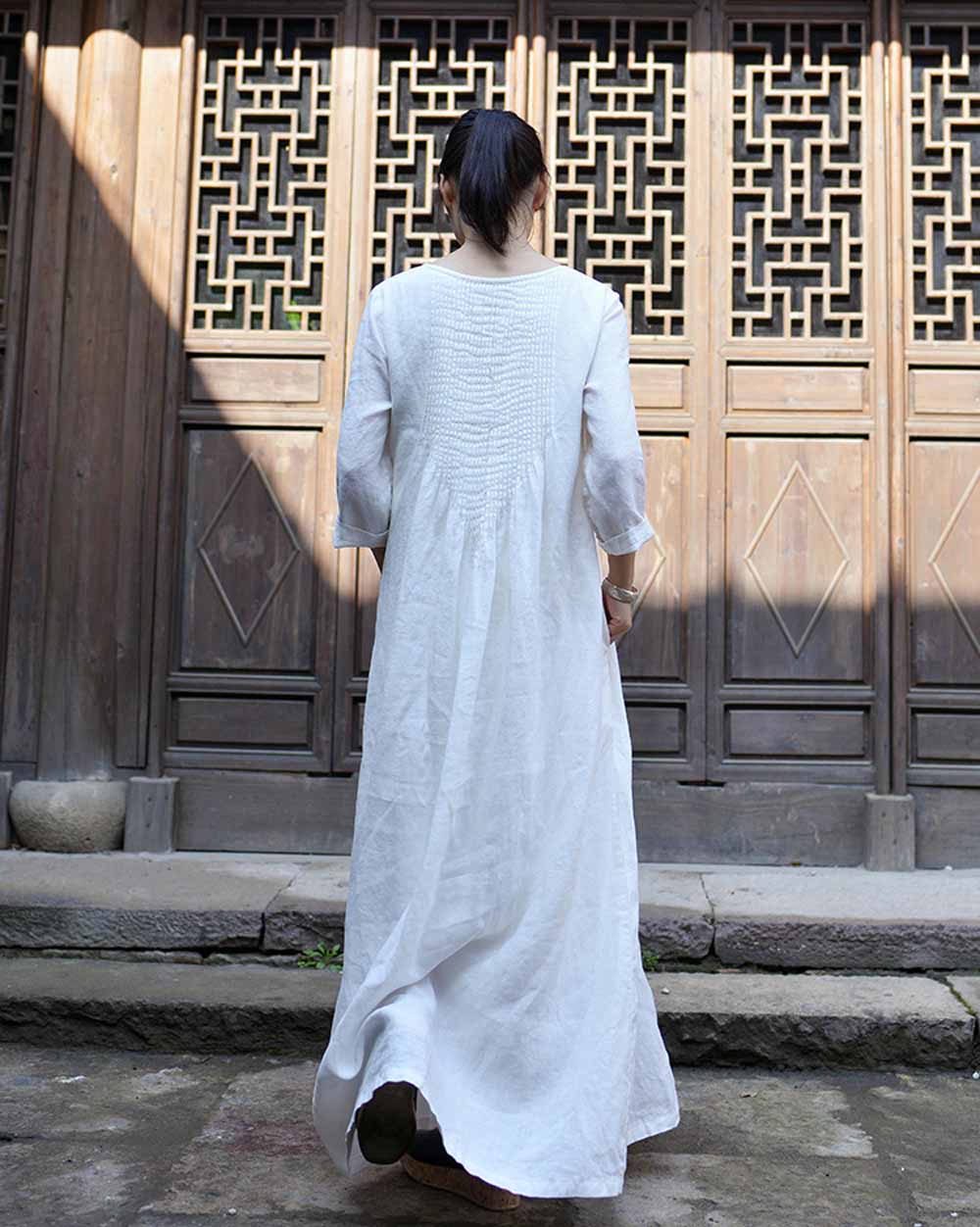 edoa Hand Pintucked Linen Floor-length Dress