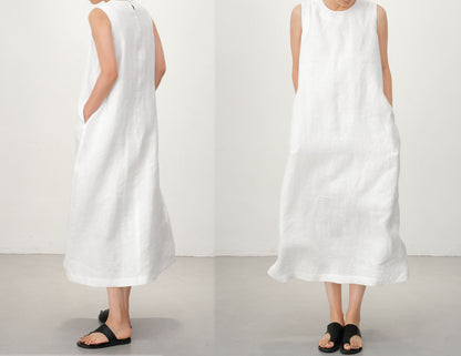 edoa Pink Linen Sleeveless Summer Dress