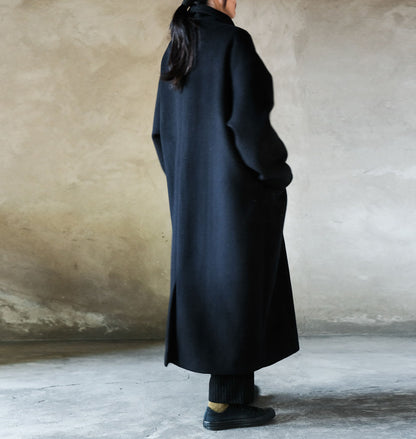 edoa Navy Blue Shawl Collar Wool Coat 
