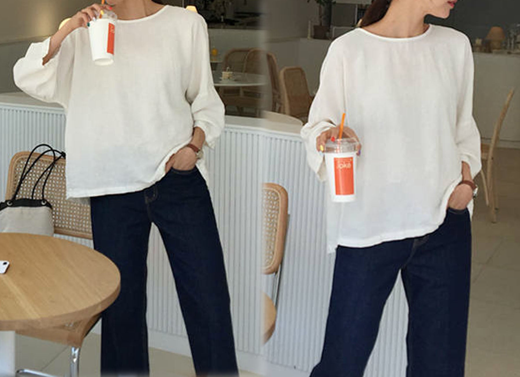 edoa Loose White French Linen T Shirt