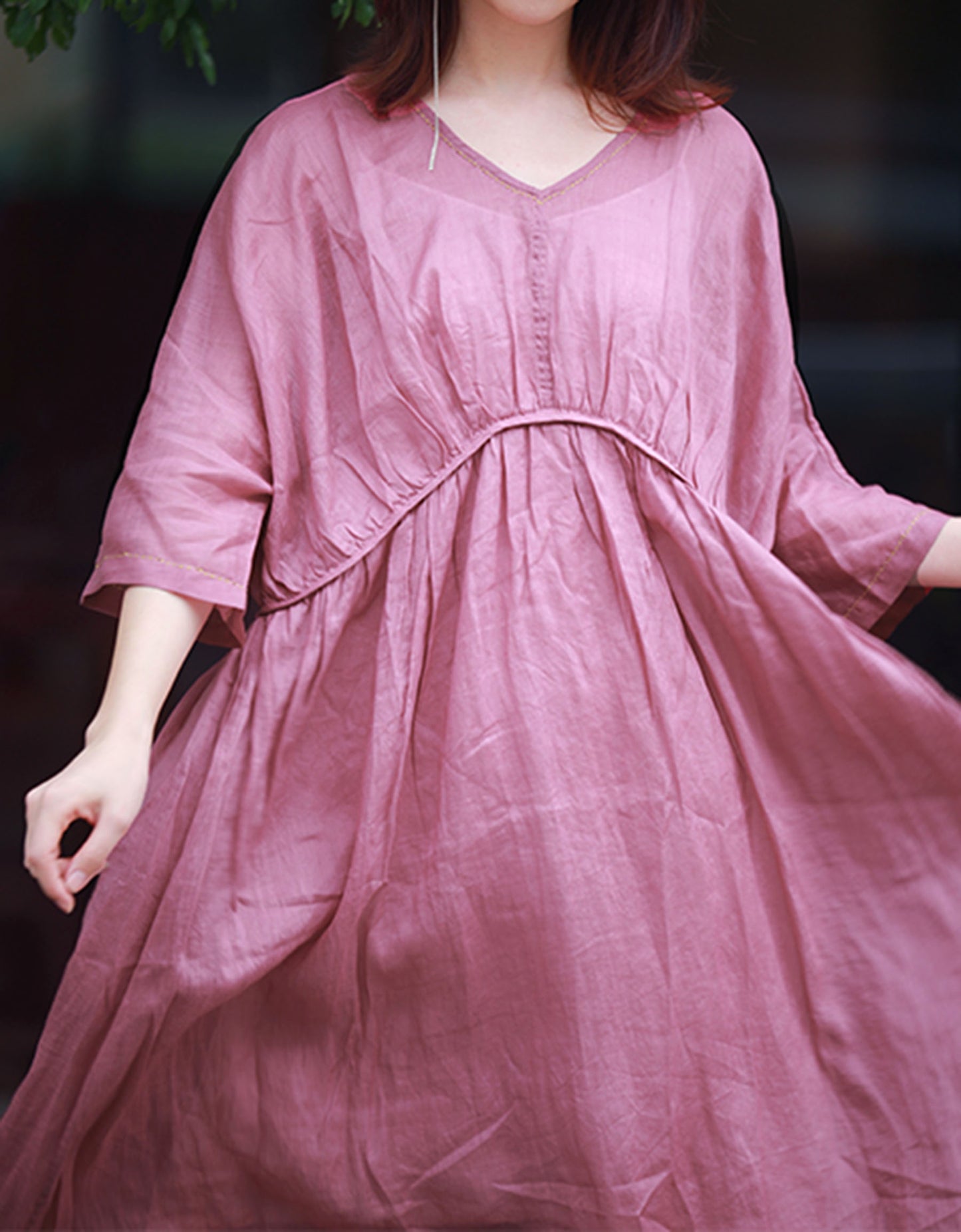 edoa Ramie Curved Waistline Maxi Dress