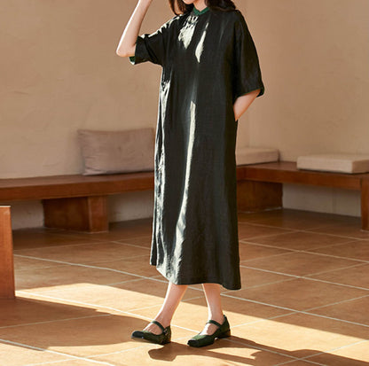 edoa Loose Fitting Cracked Mud Silk Half Sleeve Qipao
