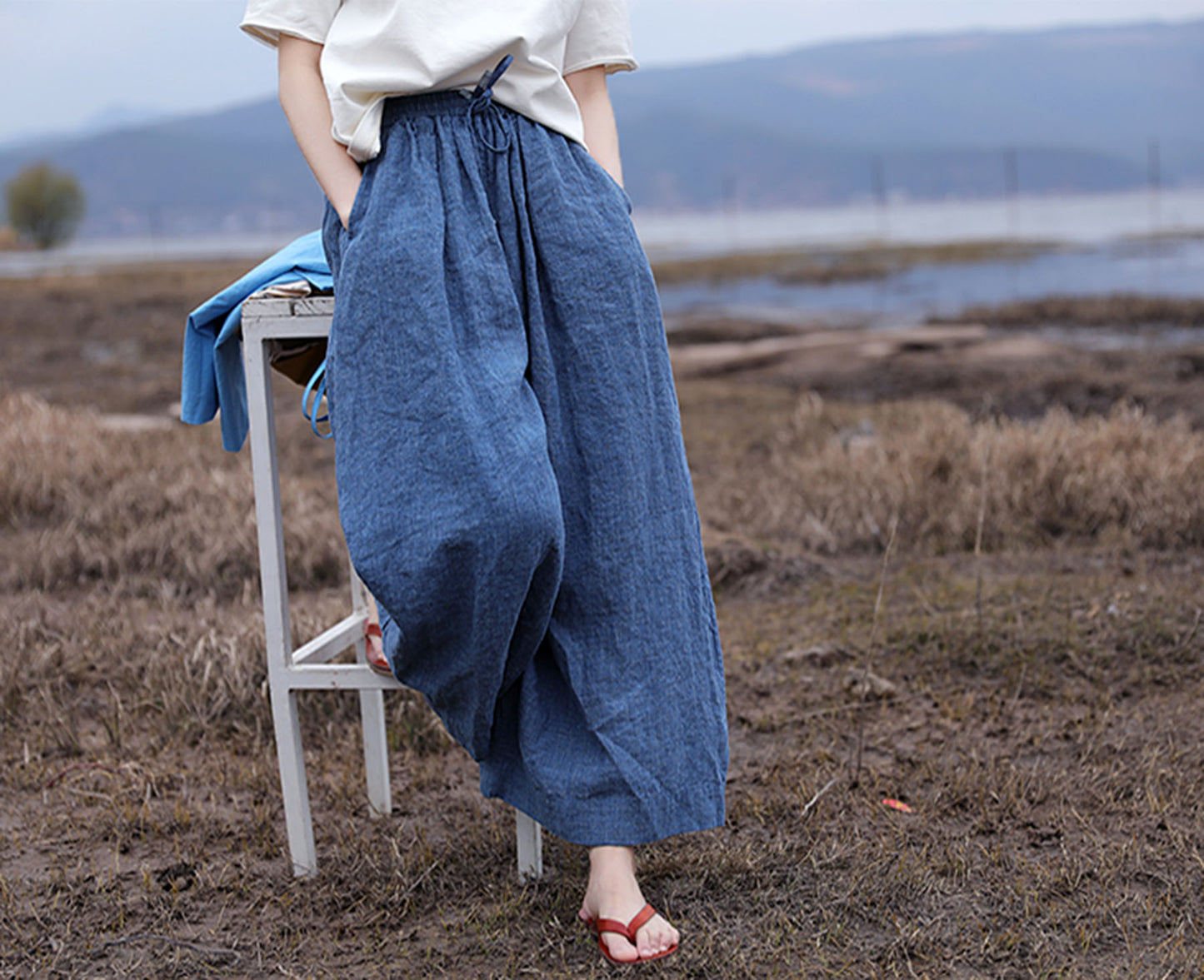edoa Washed Yarn Dyed Linen Flared Palazzo Pants