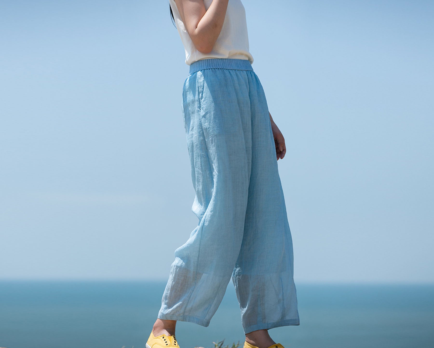 edoa Thin High Count Ramie Pintuck Waist Lantern Pants 