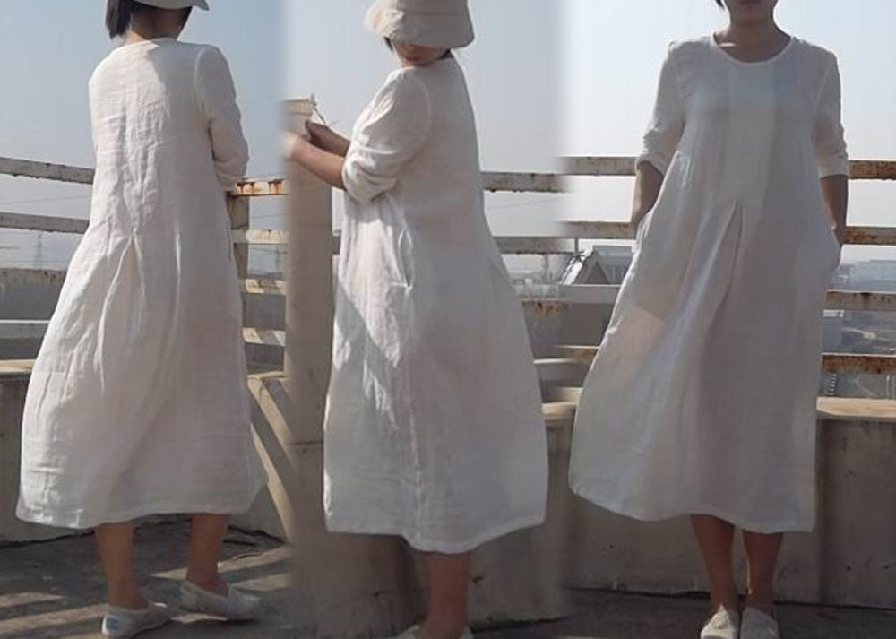 edoa Linen Pleated White Dress