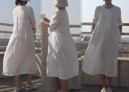 edoa Linen Pleated White Dress