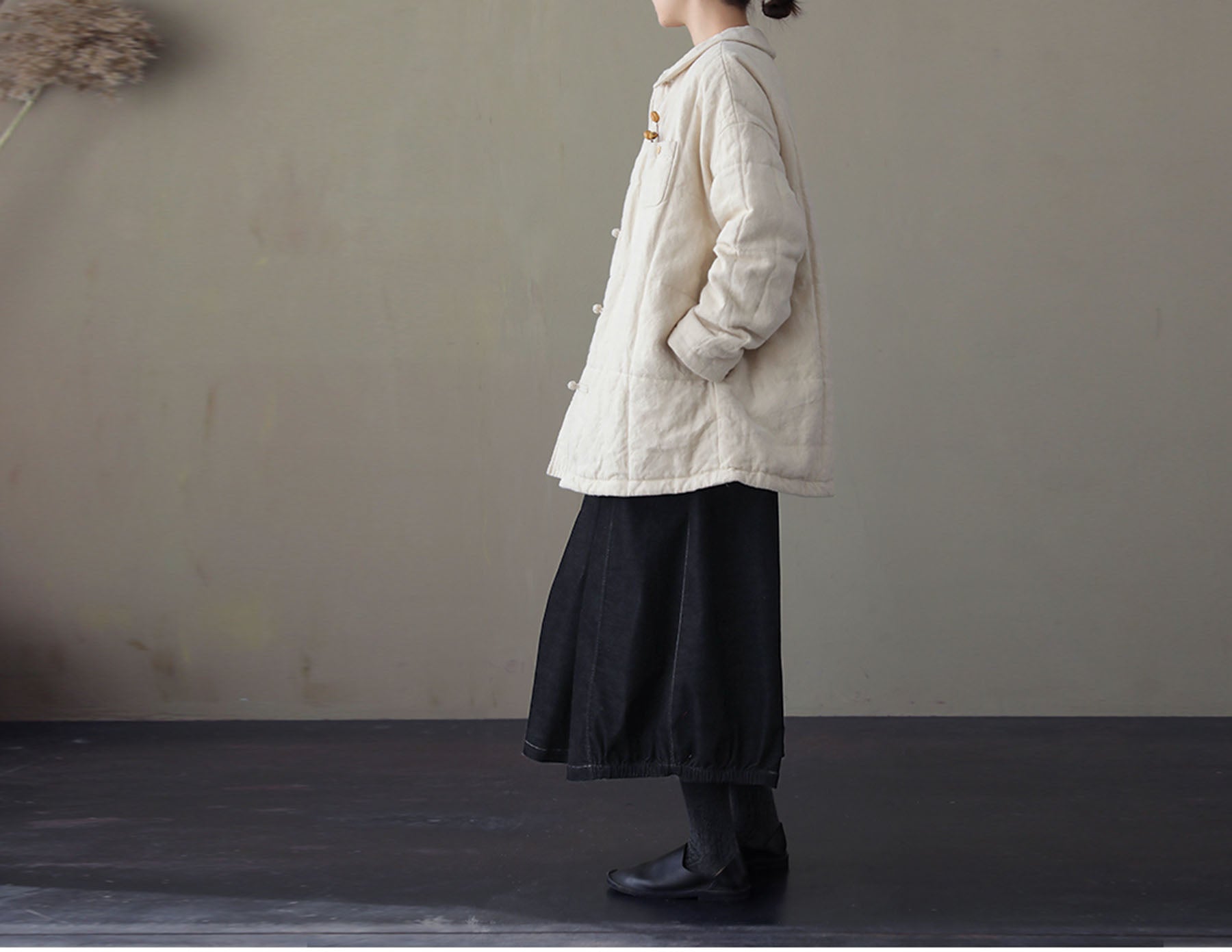 edoa Peter Pan Collar Linen Quilted Modified Chinese Coat 