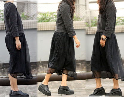 edoa Linen and Silk Chiffon Block Long Dress