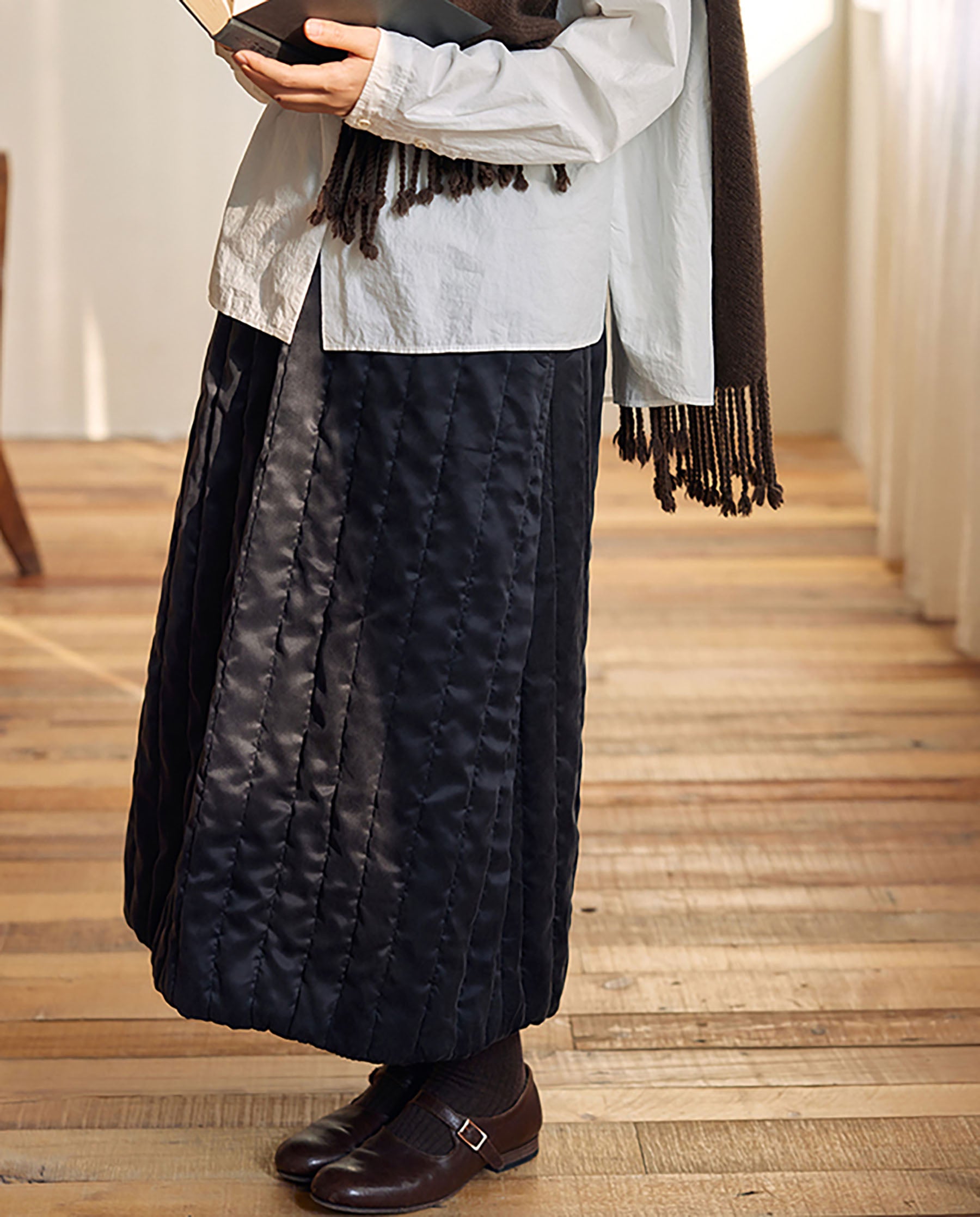 edoa Stone-washed Mulberry Silk Satin A-line Padded Skirt
