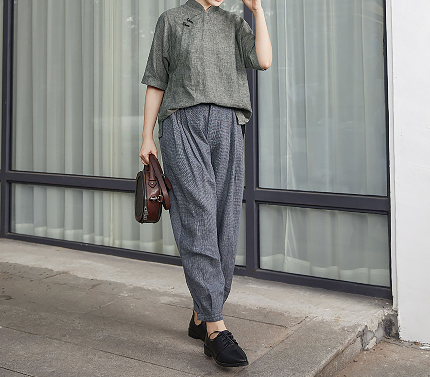 edoa Yarn Dyed Linen Chinese Shirt