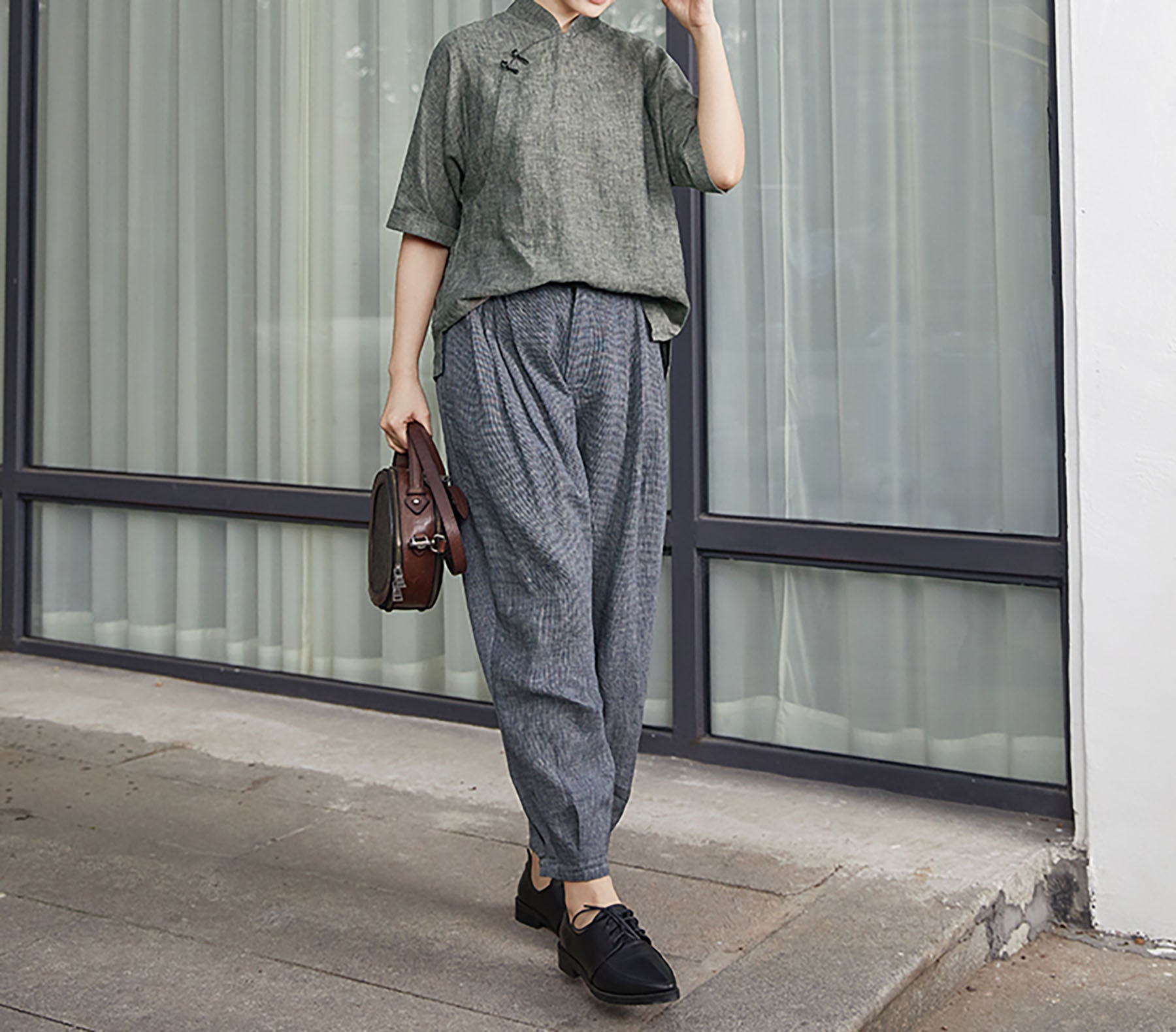 edoa Yarn Dyed Linen Chinese Shirt