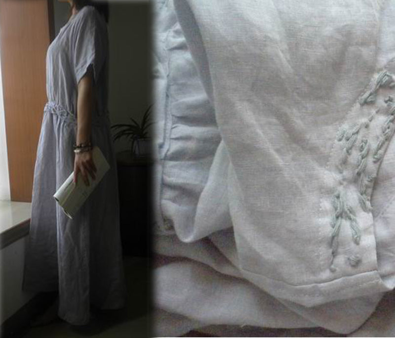 edoa loose hand embroidered linen maxi dress