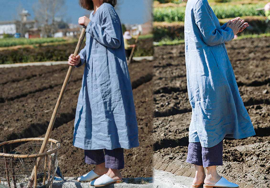 edoa Blue Linen Pleated Dress