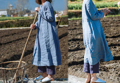 edoa Blue Linen Pleated Dress
