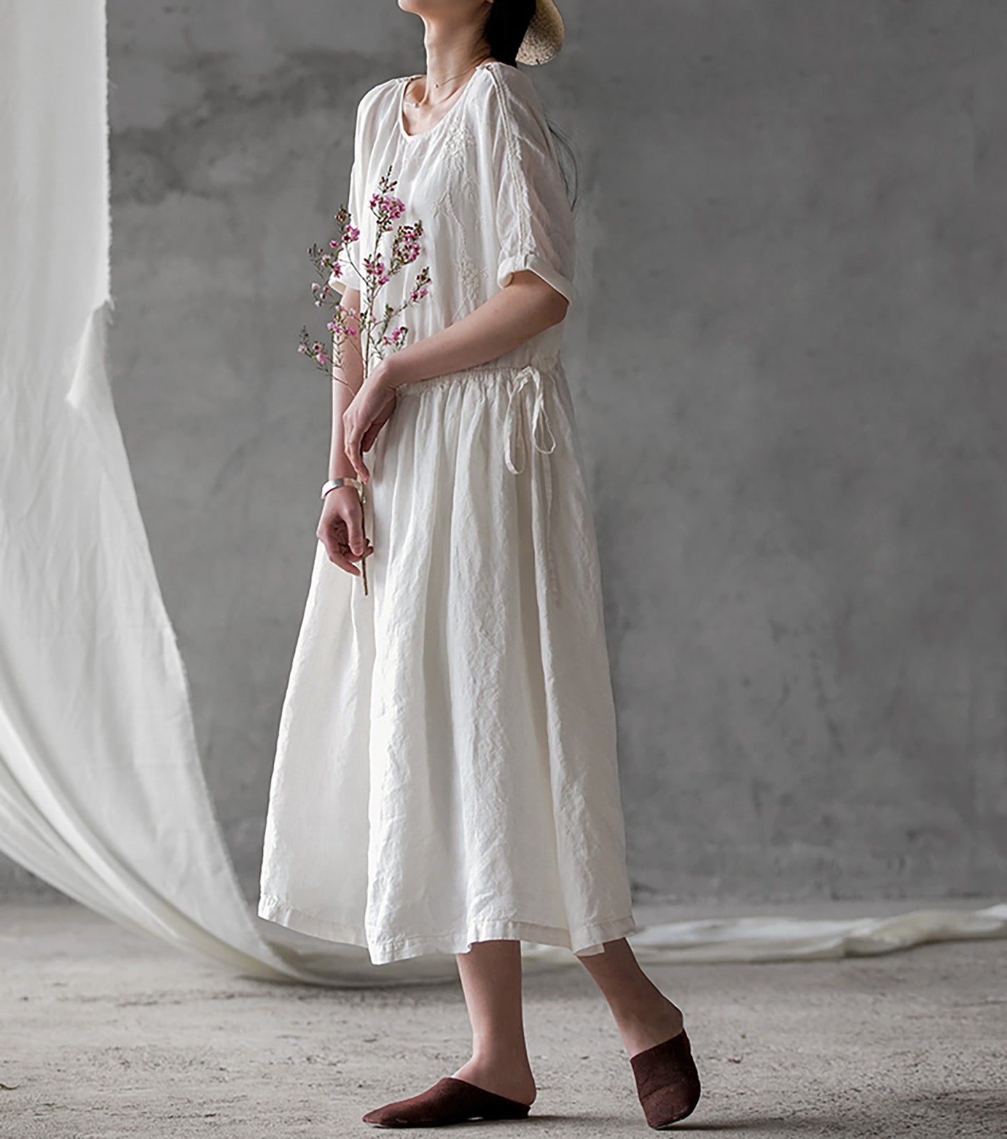 edoa Light Weight Linen Dress with Hand Embroidery