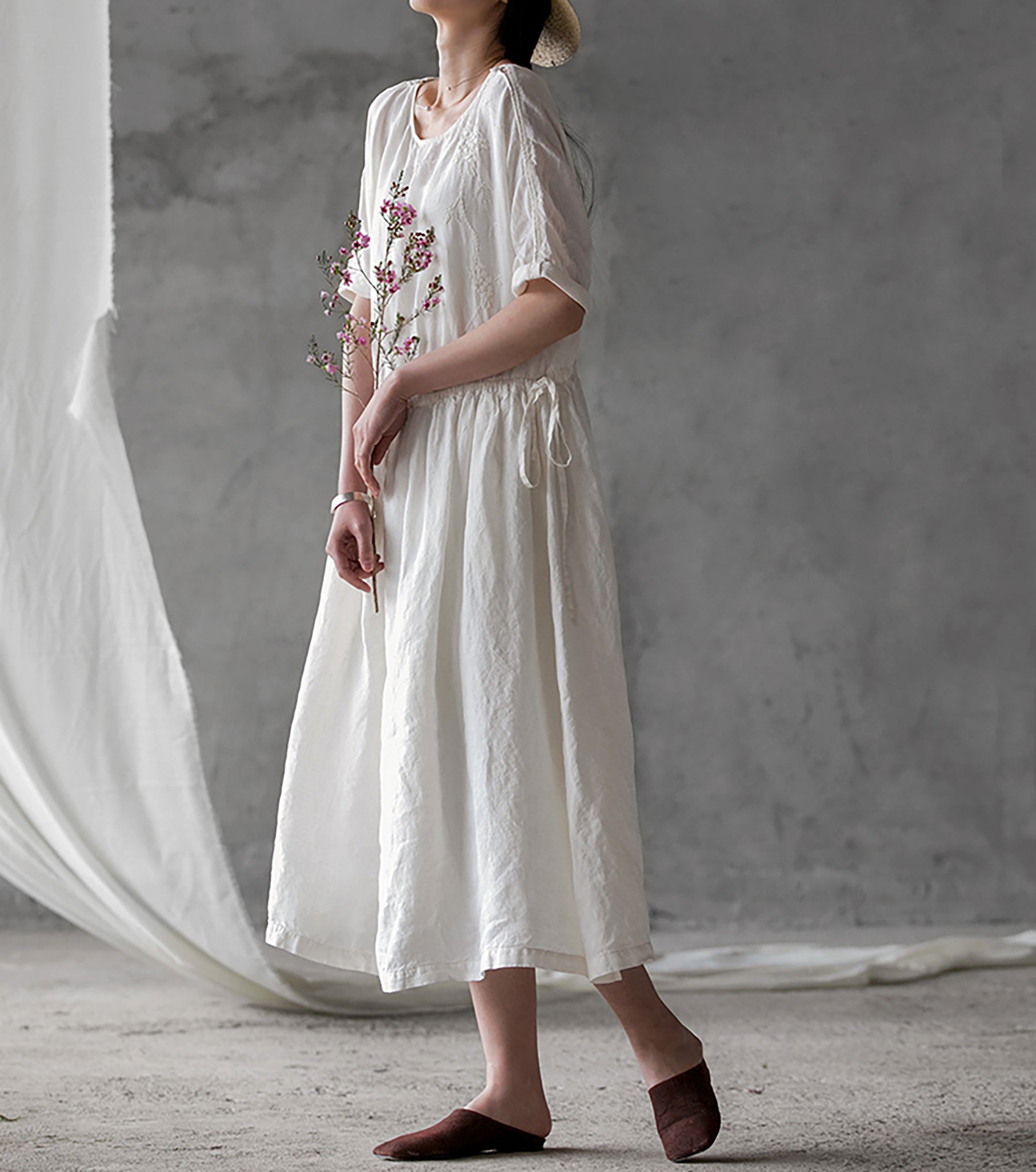 edoa Light Weight Linen Dress with Hand Embroidery