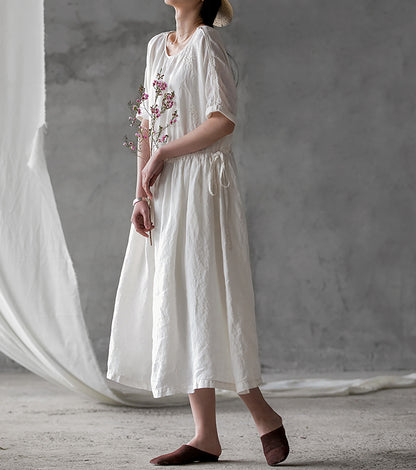 edoa Light Weight Linen Dress with Hand Embroidery