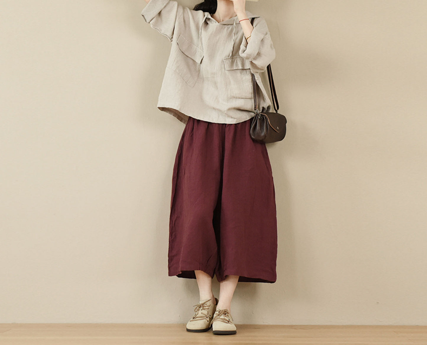 edoa Loose Washed Flax Linen Hooded Pullover 