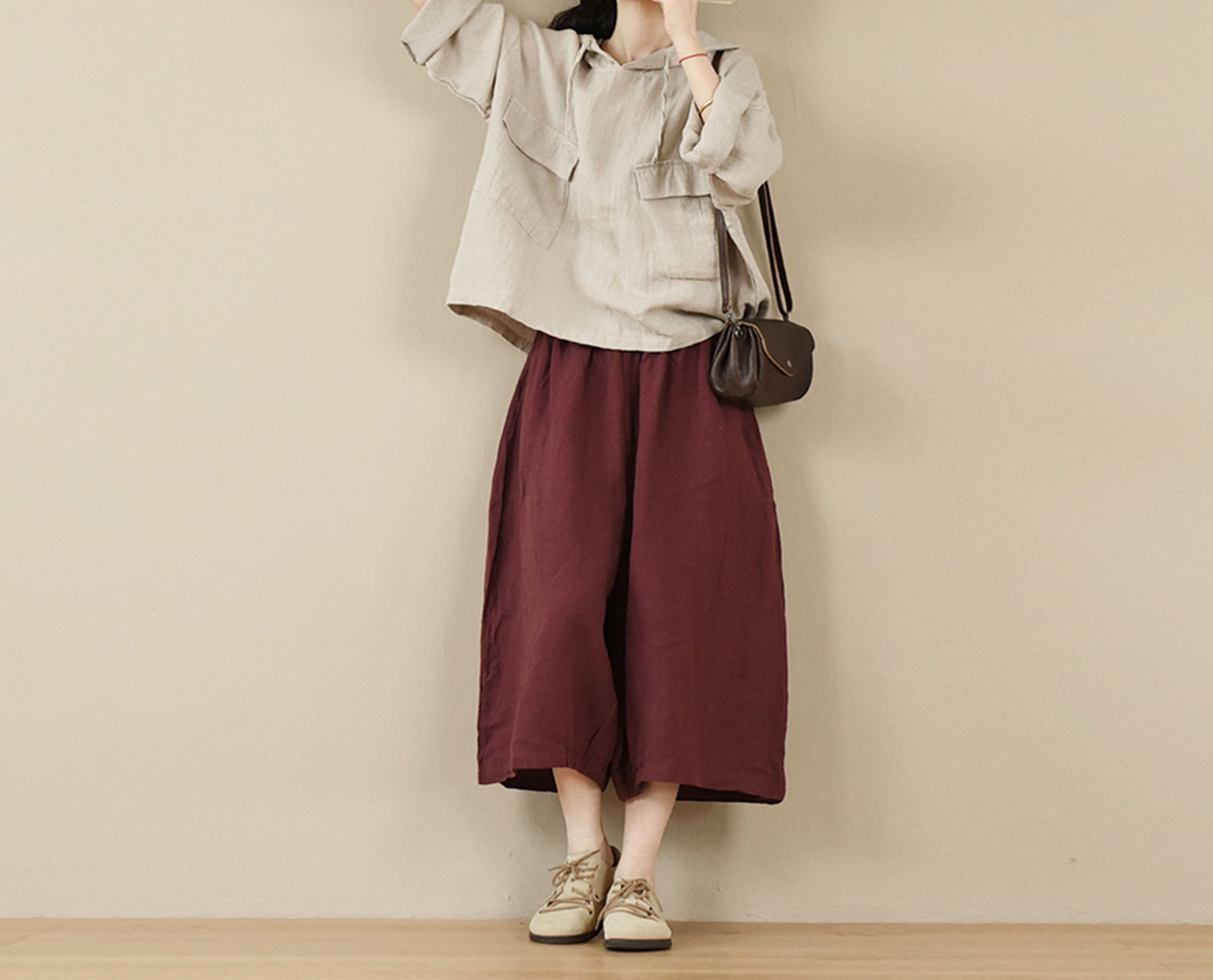 edoa Loose Washed Flax Linen Hooded Pullover 