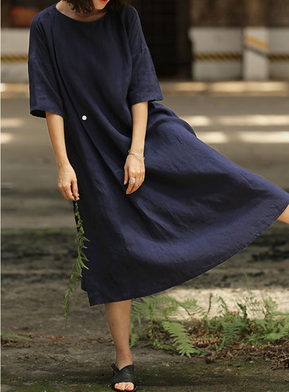 edoa Loose Pleated Linen Long Dress 