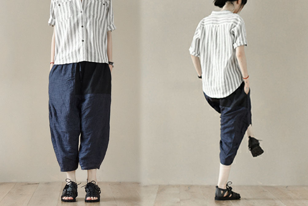 edoa Washed Linen Patchwork Harem Pants