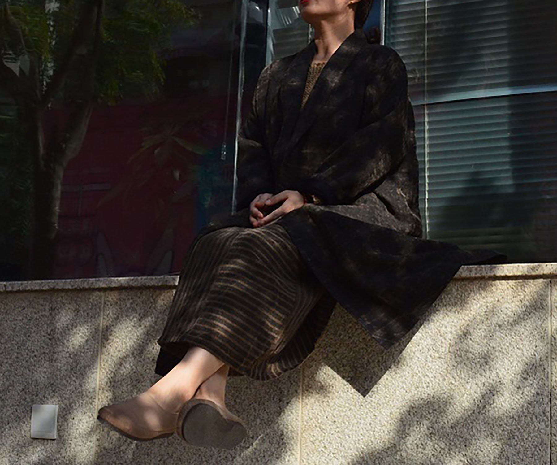 edoa Cracked Mud Silk Shawl Collar Duster Coat 