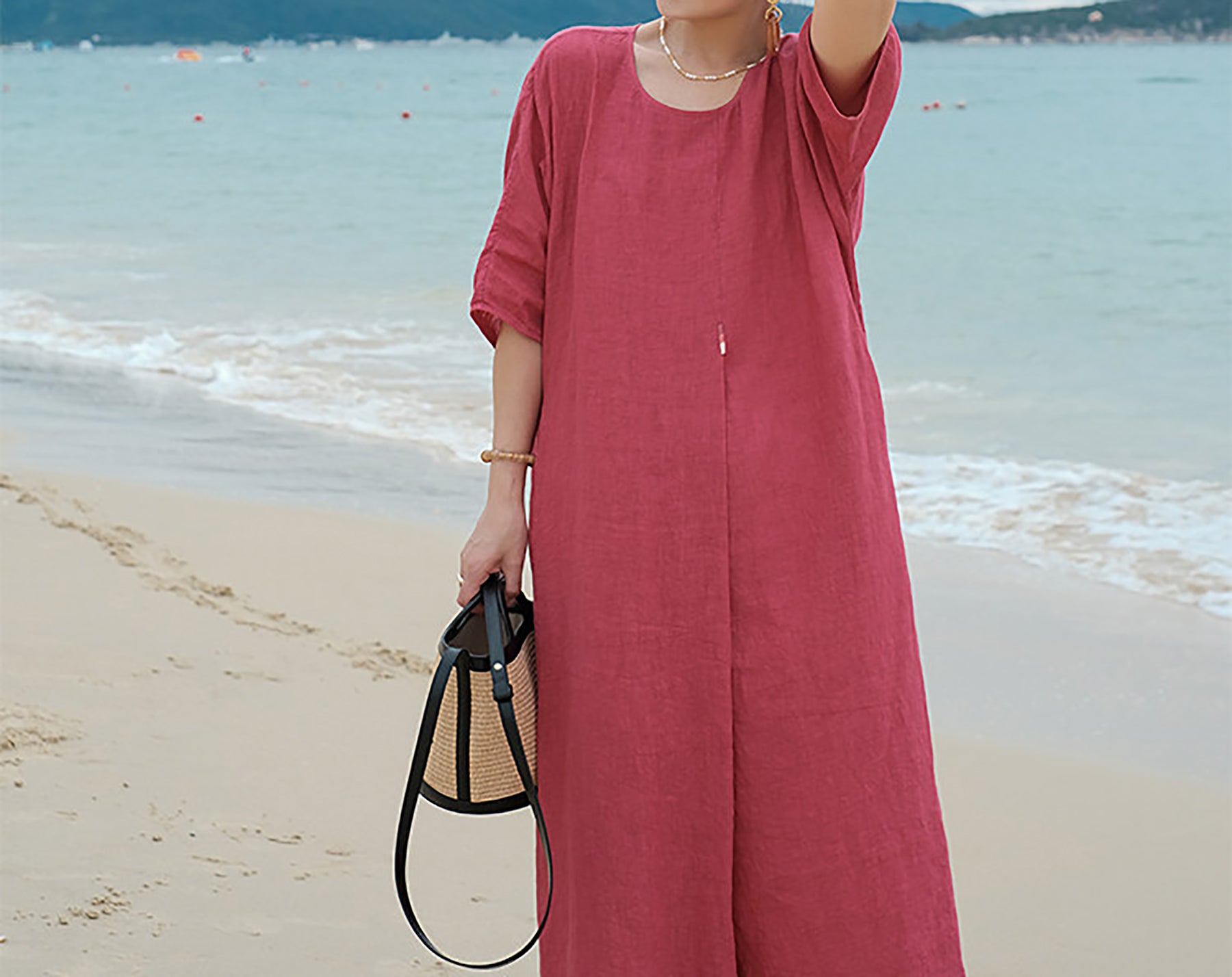 edoa French Linen Pleated Maxi Dress 