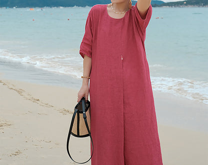 edoa French Linen Pleated Maxi Dress 
