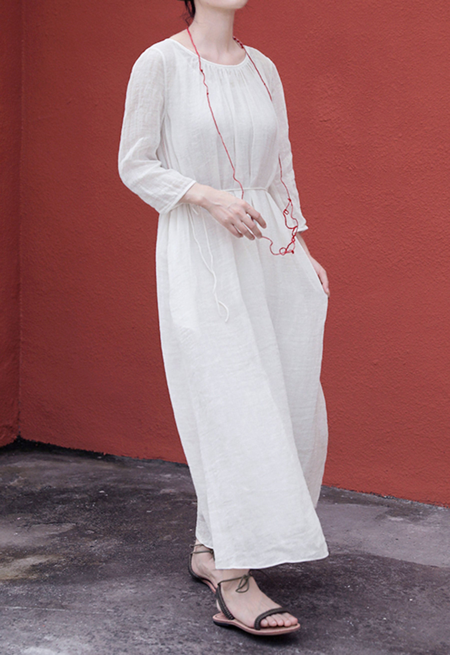 edoa White Linen Gauzy Maxi Dress with Hand Stitch Jointed Panels