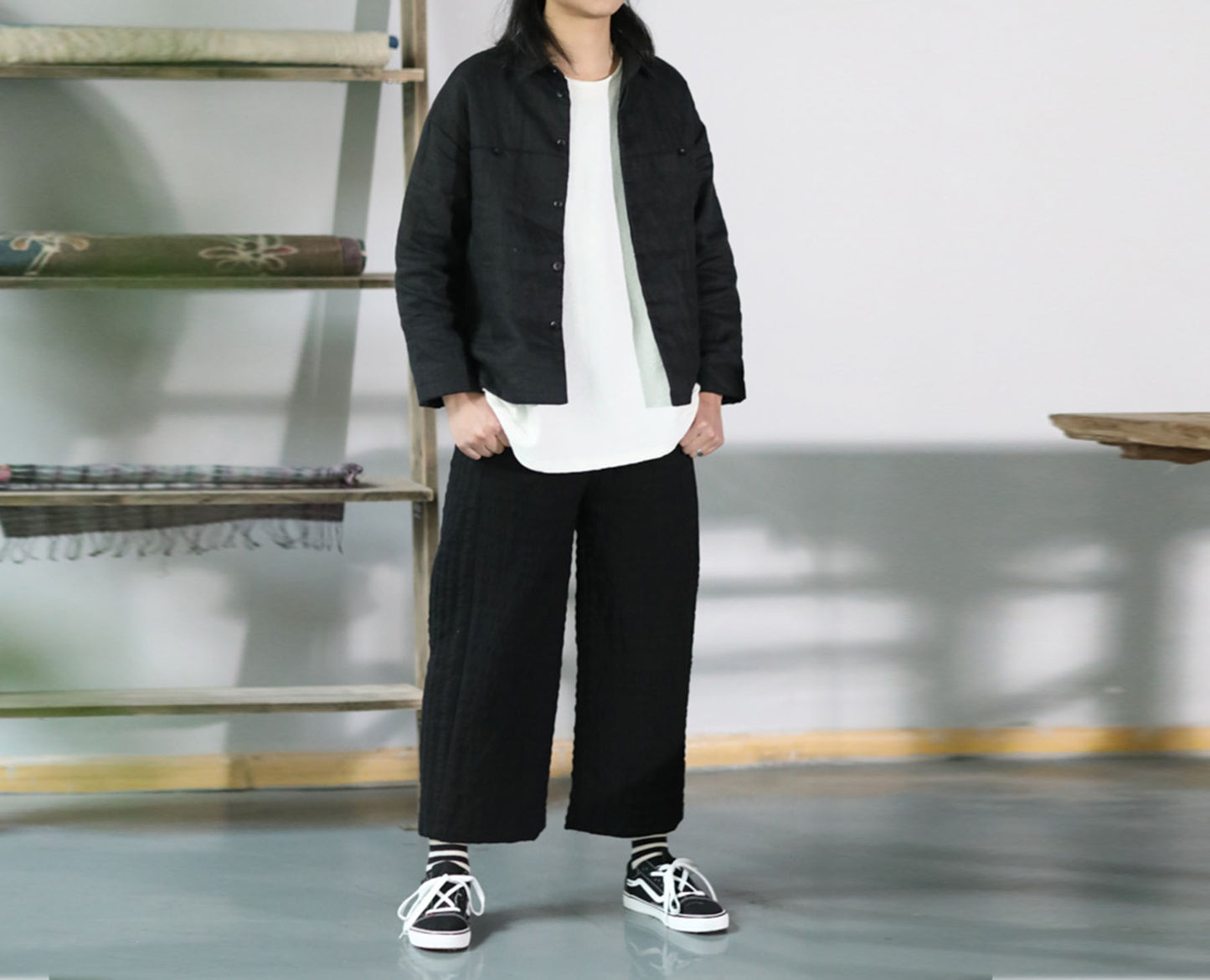 edoa Unisex Black Linen Padded Jacket 