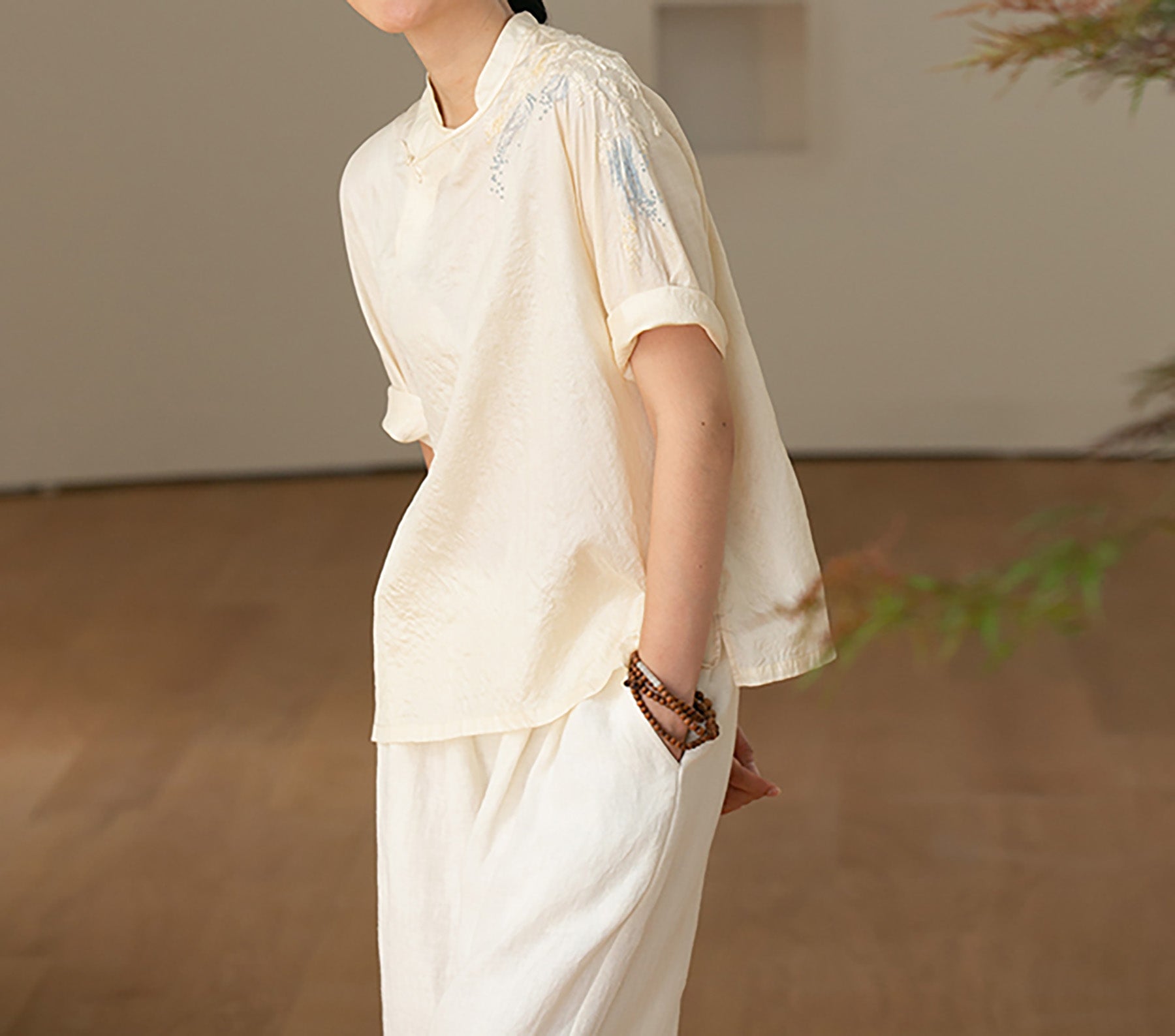 edoa Tussah Silk Hand Embroidery Chinese Blouse