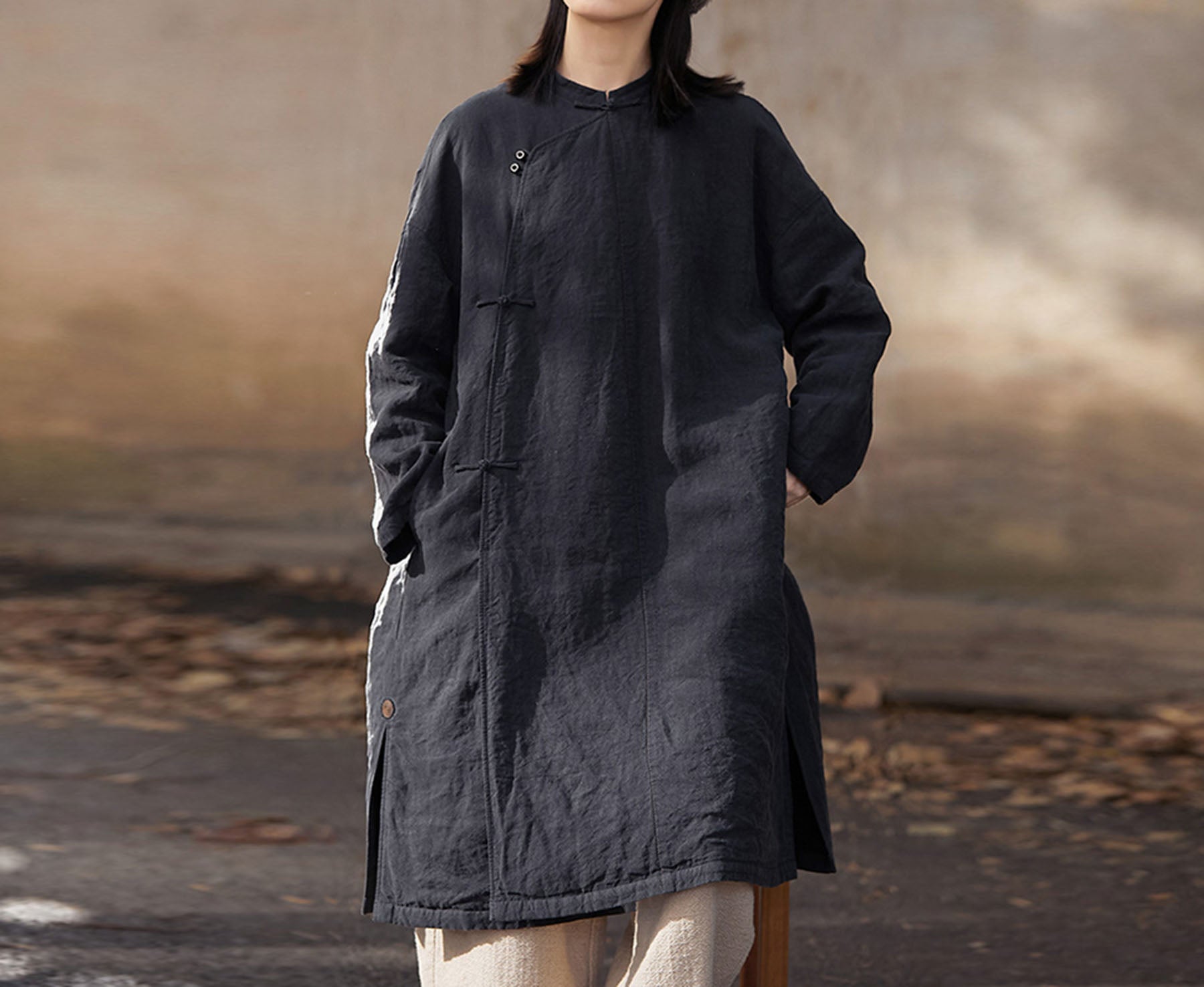 edoa Linen Padded Trapeze Coat 