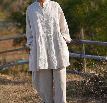 edoa Flax Linen Blouse with Ruffled Hem