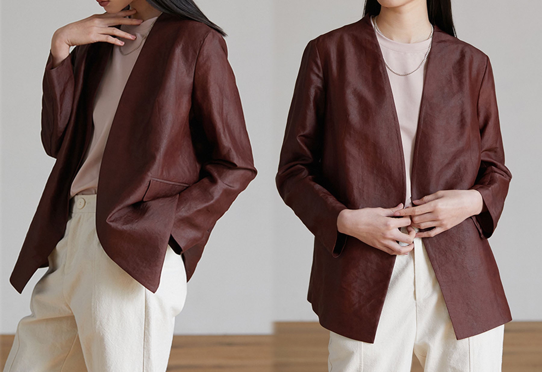 edoa Rusty Mud Silk Collarless V-neck Blazer