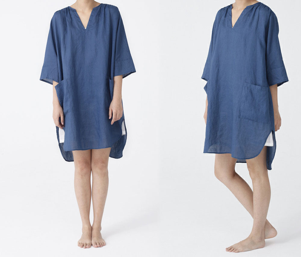 edoa Washed Ramie V-neck White Tunic Dress